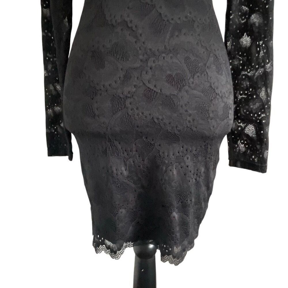 EUC Bebe Lace Long Sleeve High Neck Open Back Bodycon Black Mini Dress XS - Picture 7 of 11